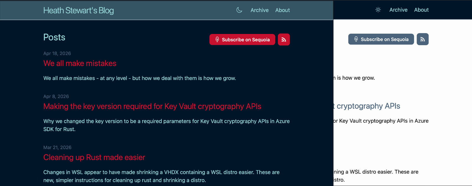 A blog page shown in both light and dark themes side by side, using the Seattle Kraken color palette